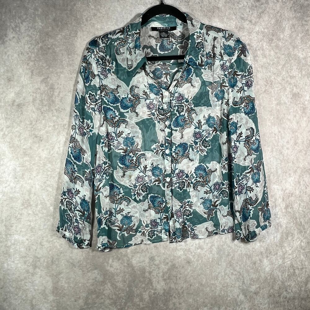 Parisian Signature‎ Blouse Womens 14 Green Floral Silk Button Career Office Boho